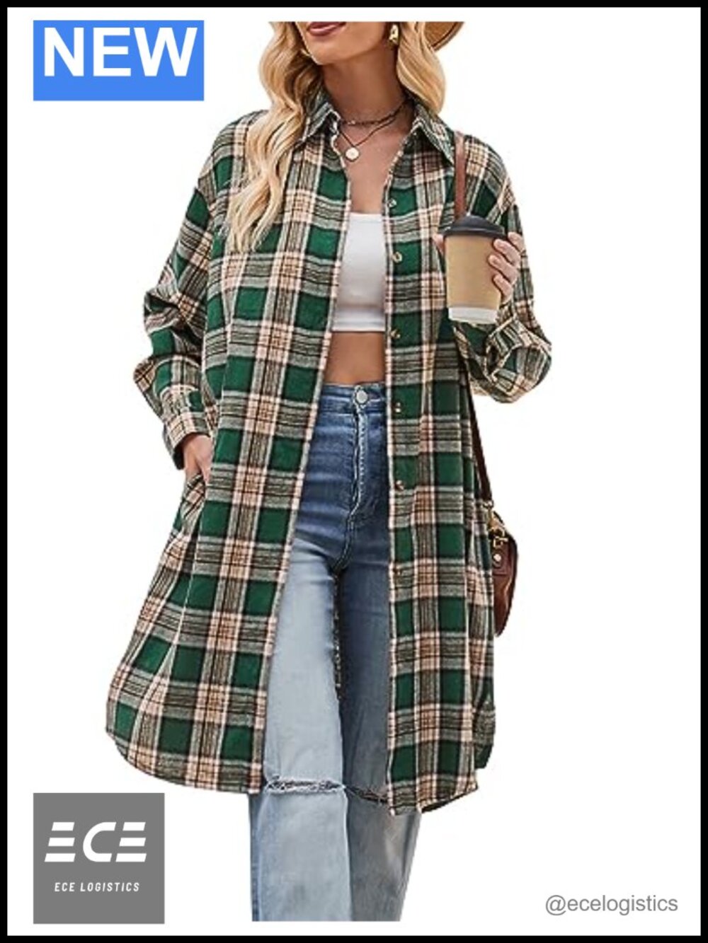 Oversized Mid Long Plaid Flannel Shirt Button Down Boyfriend Fit